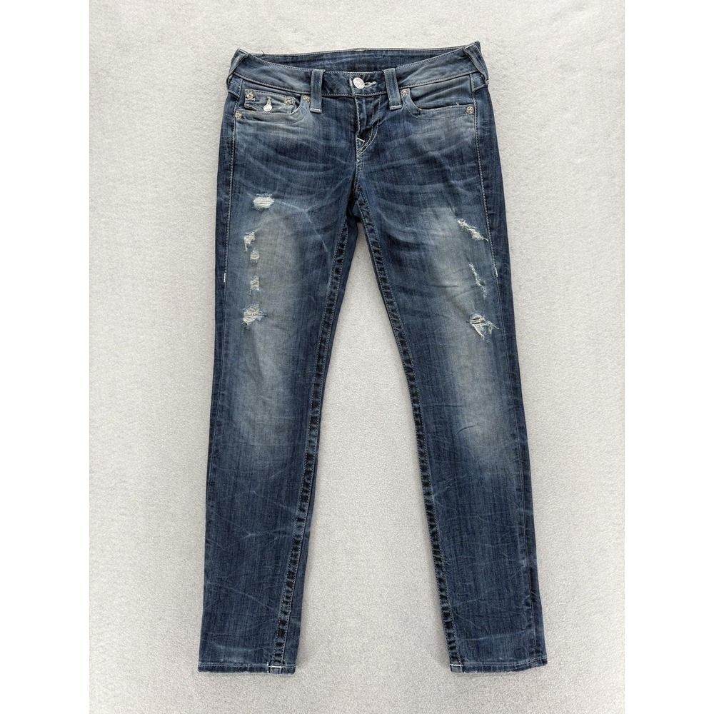 True Religion Skinny W Flaps Jeans Womens 27 Blue Med Wash Mid Rise Distressed